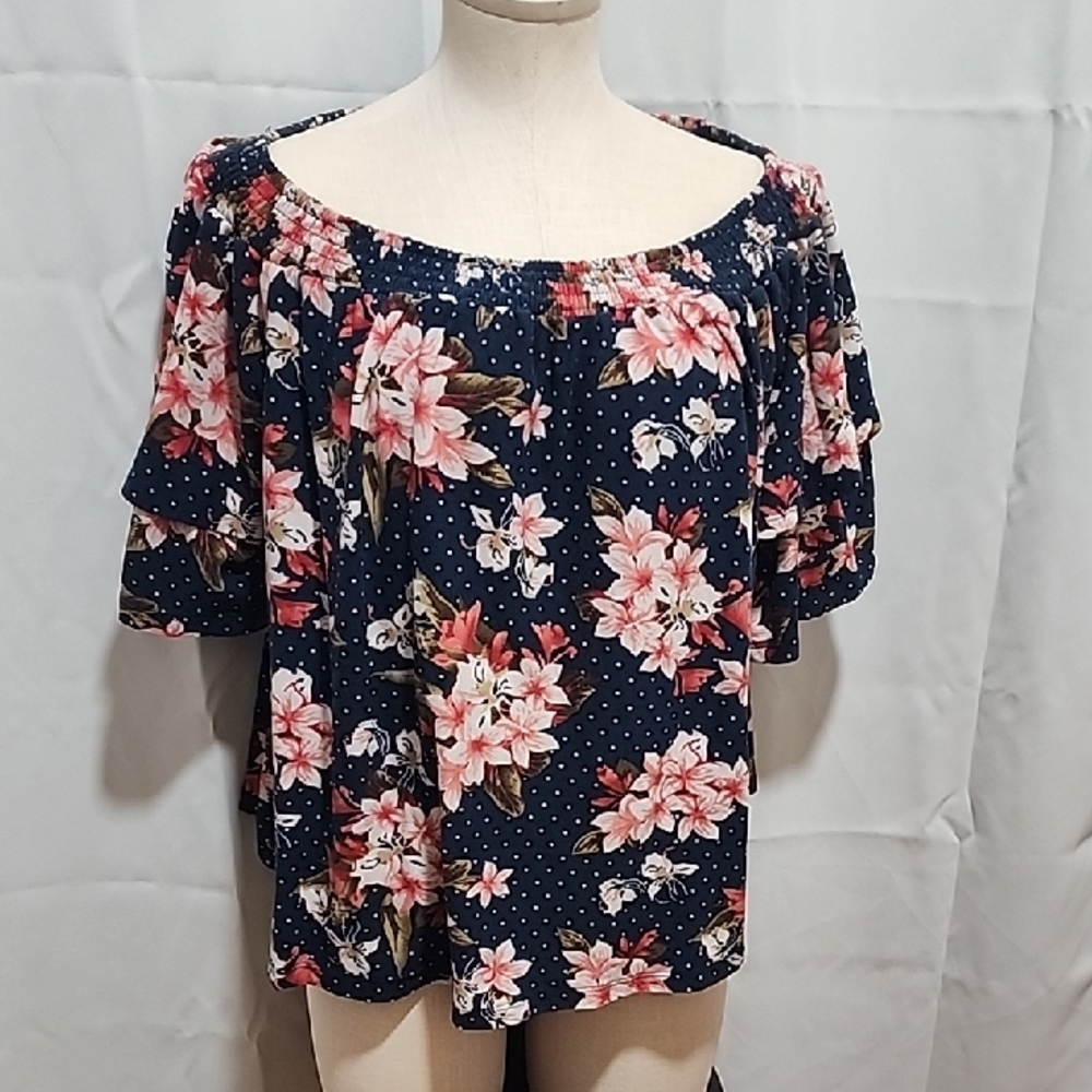 Hot Kiss Navy Floral Off-Shoulder Blouse